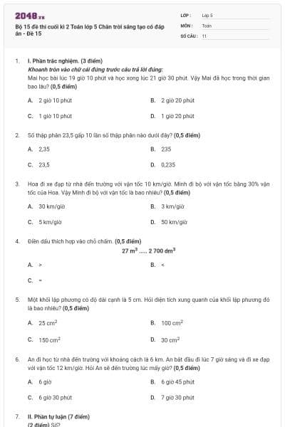 Bộ 15 đề thi cuối kì 2 Toán lớp 5 Chân trời sáng tạo có đáp án - Đề 15