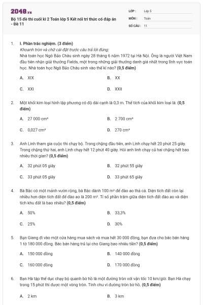 Bộ 15 đề thi cuối kì 2 Toán lớp 5 Kết nối tri thức có đáp án - Đề 11