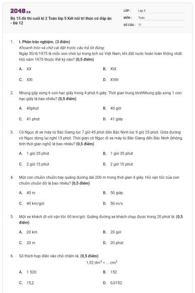 Bộ 15 đề thi cuối kì 2 Toán lớp 5 Kết nối tri thức có đáp án - Đề 12