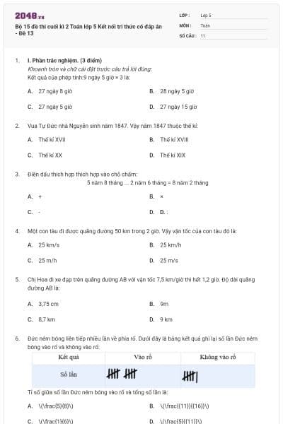 Bộ 15 đề thi cuối kì 2 Toán lớp 5 Kết nối tri thức có đáp án - Đề 13