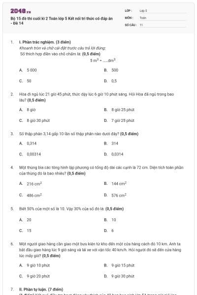 Bộ 15 đề thi cuối kì 2 Toán lớp 5 Kết nối tri thức có đáp án - Đề 14