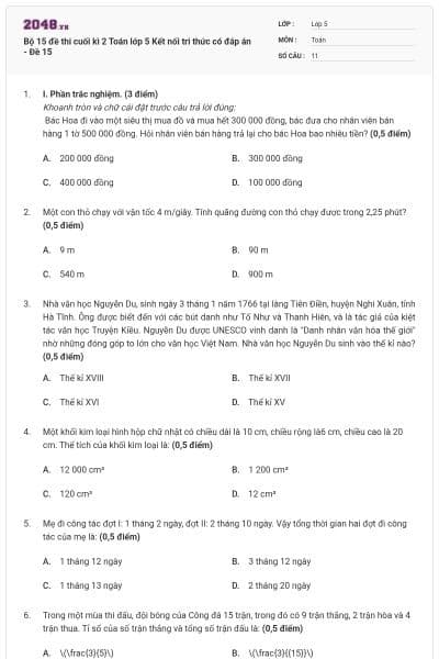 Bộ 15 đề thi cuối kì 2 Toán lớp 5 Kết nối tri thức có đáp án - Đề 15