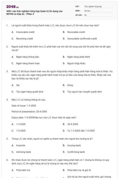 400+ câu trắc nghiệm tổng hợp Quản trị tín dụng của NHTM có đáp án - Phần 4