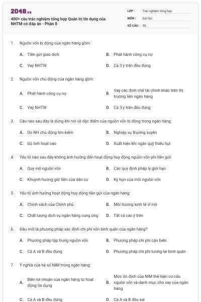 400+ câu trắc nghiệm tổng hợp Quản trị tín dụng của NHTM có đáp án - Phần 8
