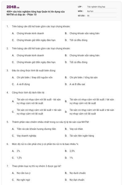 400+ câu trắc nghiệm tổng hợp Quản trị tín dụng của NHTM có đáp án - Phần 10