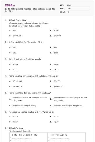 Bộ 10 đề thi giữa kì 2 Toán lớp 4 Chân trời sáng tạo có đáp án - Đề 1