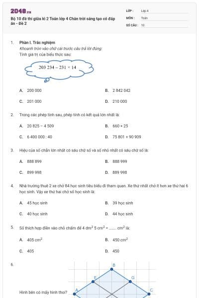 Bộ 10 đề thi giữa kì 2 Toán lớp 4 Chân trời sáng tạo có đáp án - Đề 2