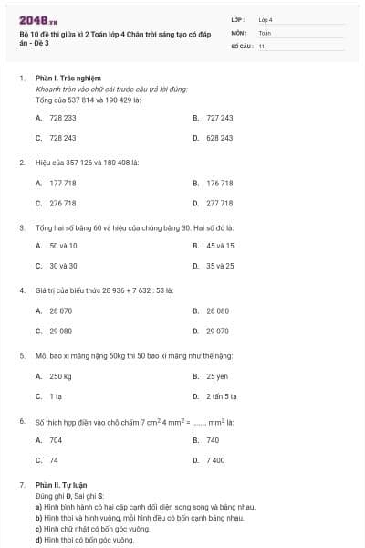 Bộ 10 đề thi giữa kì 2 Toán lớp 4 Chân trời sáng tạo có đáp án - Đề 3