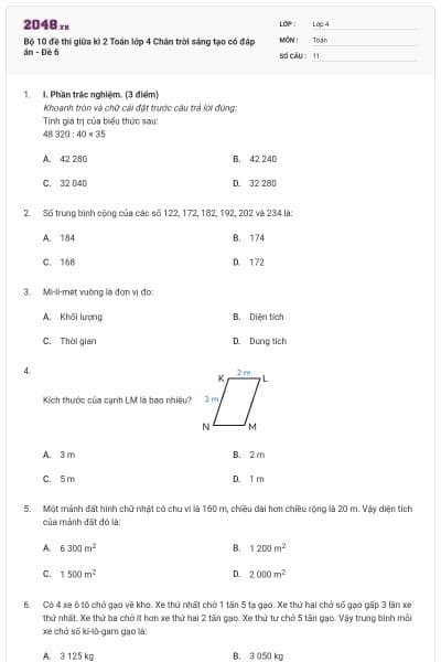 Bộ 10 đề thi giữa kì 2 Toán lớp 4 Chân trời sáng tạo có đáp án - Đề 6