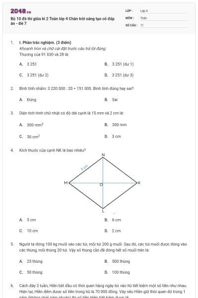 Bộ 10 đề thi giữa kì 2 Toán lớp 4 Chân trời sáng tạo có đáp án - Đề 7