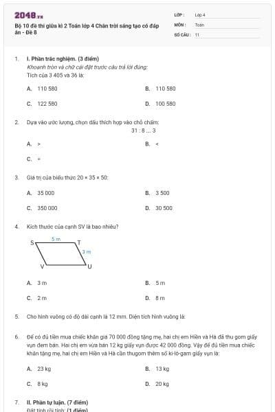 Bộ 10 đề thi giữa kì 2 Toán lớp 4 Chân trời sáng tạo có đáp án - Đề 8