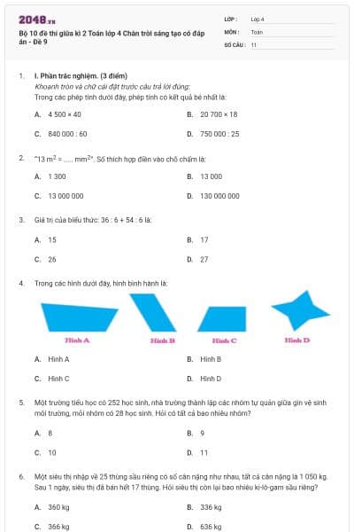 Bộ 10 đề thi giữa kì 2 Toán lớp 4 Chân trời sáng tạo có đáp án - Đề 9