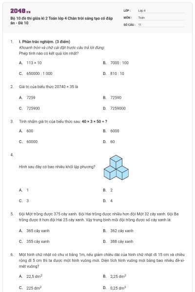 Bộ 10 đề thi giữa kì 2 Toán lớp 4 Chân trời sáng tạo có đáp án - Đề 10