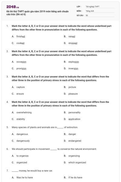 Đề thi thử THPT quốc gia năm 2019 môn tiếng anh chuẩn cấu trúc (Đề số 6)