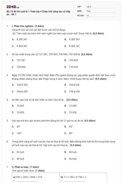 Bộ 15 đề thi cuối kì 1 Toán lớp 4 Chân trời sáng tạo có đáp án - Đề 1