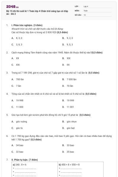 Bộ 15 đề thi cuối kì 1 Toán lớp 4 Chân trời sáng tạo có đáp án - Đề 2