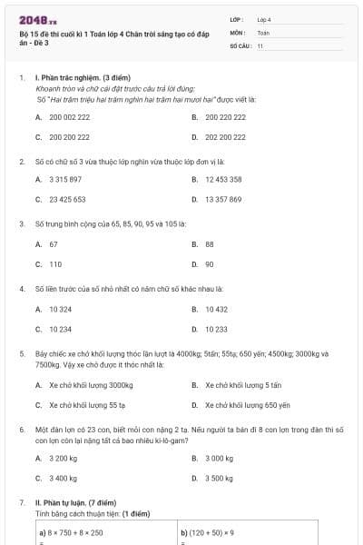 Bộ 15 đề thi cuối kì 1 Toán lớp 4 Chân trời sáng tạo có đáp án - Đề 3