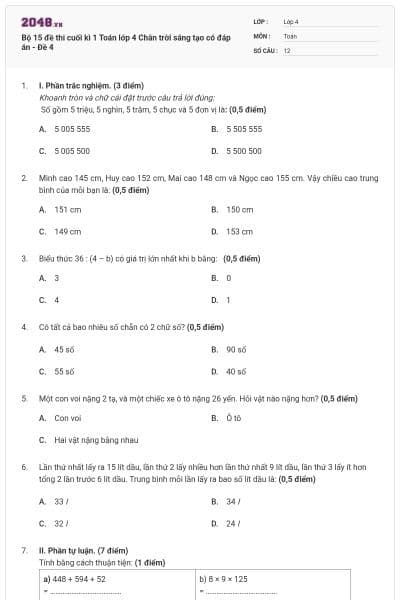 Bộ 15 đề thi cuối kì 1 Toán lớp 4 Chân trời sáng tạo có đáp án - Đề 4