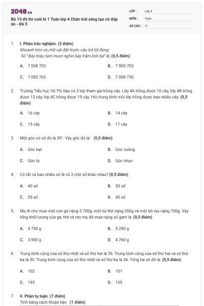 Bộ 15 đề thi cuối kì 1 Toán lớp 4 Chân trời sáng tạo có đáp án - Đề 5