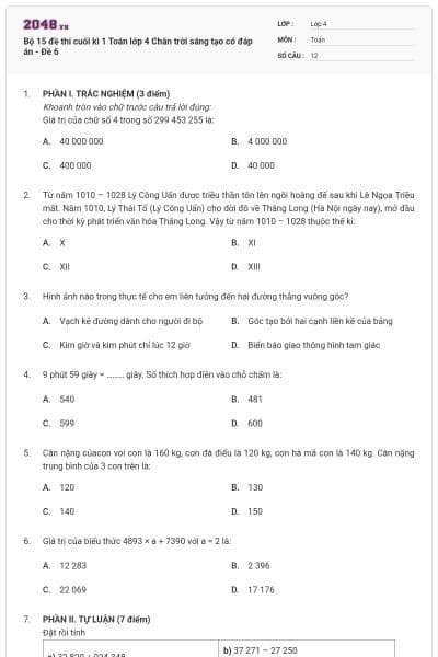 Bộ 15 đề thi cuối kì 1 Toán lớp 4 Chân trời sáng tạo có đáp án - Đề 6