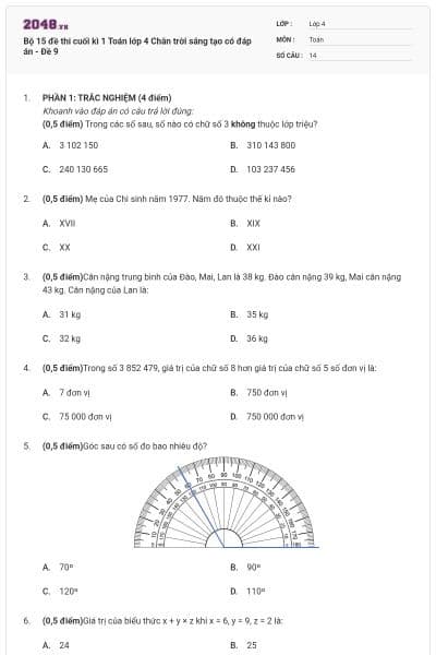 Bộ 15 đề thi cuối kì 1 Toán lớp 4 Chân trời sáng tạo có đáp án - Đề 9