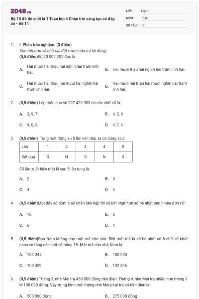Bộ 15 đề thi cuối kì 1 Toán lớp 4 Chân trời sáng tạo có đáp án - Đề 11