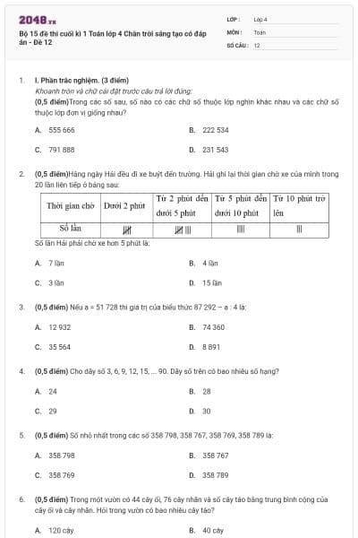 Bộ 15 đề thi cuối kì 1 Toán lớp 4 Chân trời sáng tạo có đáp án - Đề 12