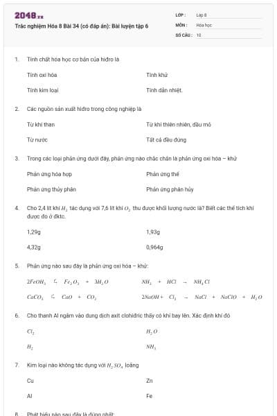 Trắc nghiệm Hóa 8 Bài 34 (có đáp án): Bài luyện tập 6