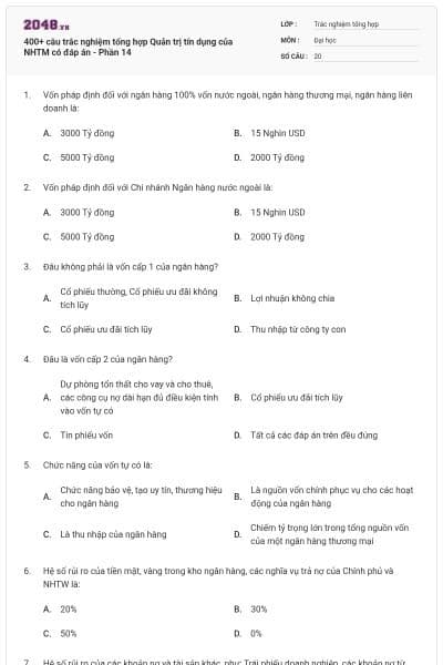 400+ câu trắc nghiệm tổng hợp Quản trị tín dụng của NHTM có đáp án - Phần 14