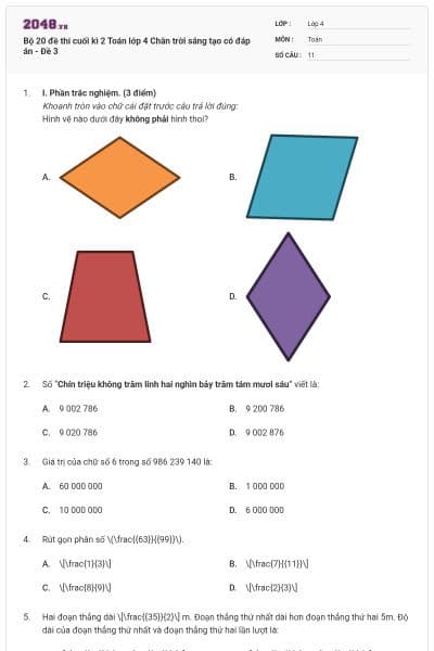 Bộ 20 đề thi cuối kì 2 Toán lớp 4 Chân trời sáng tạo có đáp án - Đề 3
