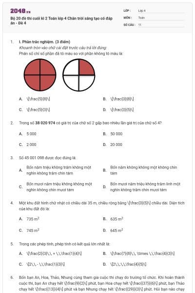 Bộ 20 đề thi cuối kì 2 Toán lớp 4 Chân trời sáng tạo có đáp án - Đề 4