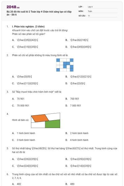 Bộ 20 đề thi cuối kì 2 Toán lớp 4 Chân trời sáng tạo có đáp án - Đề 6