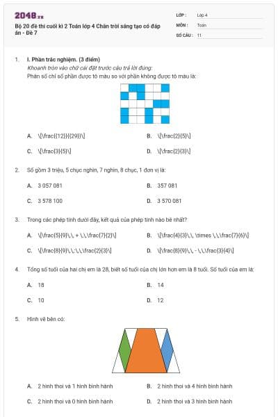 Bộ 20 đề thi cuối kì 2 Toán lớp 4 Chân trời sáng tạo có đáp án - Đề 7