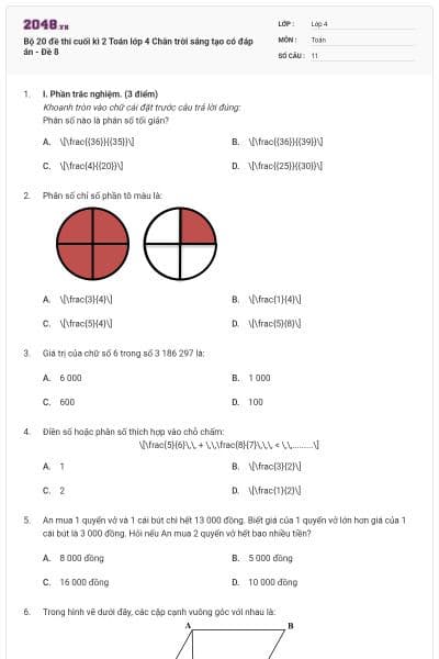 Bộ 20 đề thi cuối kì 2 Toán lớp 4 Chân trời sáng tạo có đáp án - Đề 8
