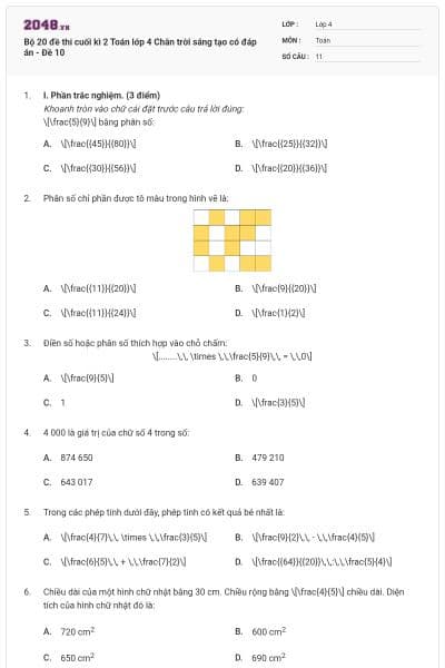 Bộ 20 đề thi cuối kì 2 Toán lớp 4 Chân trời sáng tạo có đáp án - Đề 10