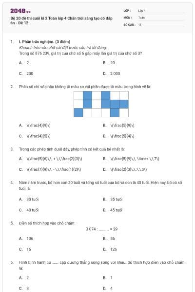 Bộ 20 đề thi cuối kì 2 Toán lớp 4 Chân trời sáng tạo có đáp án - Đề 12