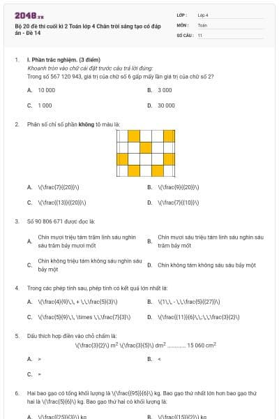 Bộ 20 đề thi cuối kì 2 Toán lớp 4 Chân trời sáng tạo có đáp án - Đề 14