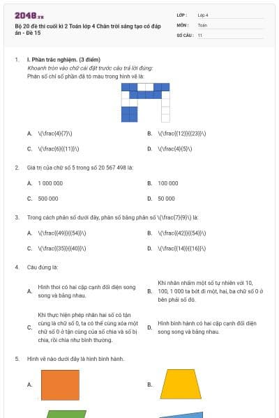 Bộ 20 đề thi cuối kì 2 Toán lớp 4 Chân trời sáng tạo có đáp án - Đề 15