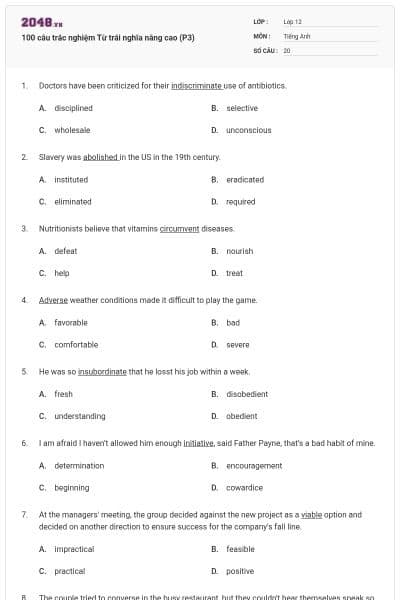 100 câu trắc nghiệm Từ trái nghĩa nâng cao (P3)