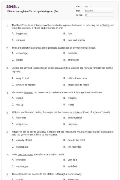 100 câu trắc nghiệm Từ trái nghĩa nâng cao (P4)