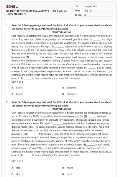 ĐỀ THI THỬ THPT QUỐC GIA NĂM 2019 – LẦN 2 Môn thi: TIẾNG ANH (Đề 7)