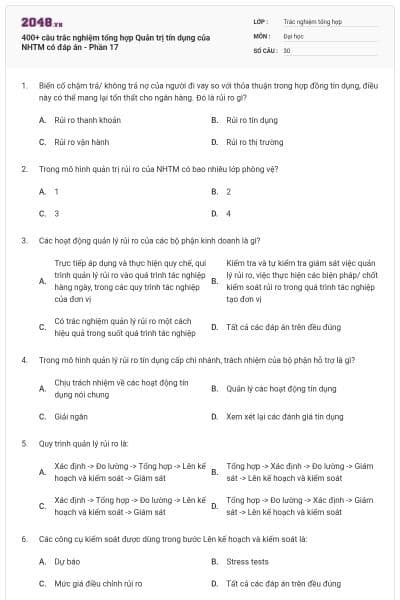 400+ câu trắc nghiệm tổng hợp Quản trị tín dụng của NHTM có đáp án - Phần 17