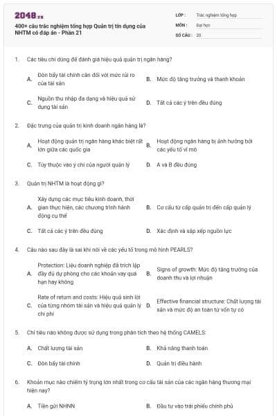 400+ câu trắc nghiệm tổng hợp Quản trị tín dụng của NHTM có đáp án - Phần 21