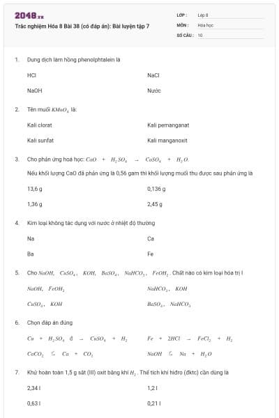 Trắc nghiệm Hóa 8 Bài 38 (có đáp án): Bài luyện tập 7