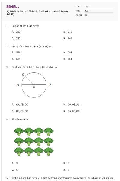 Bộ 20 đề thi học kì 1 Toán lớp 3 Kết nối tri thức có đáp án (Đề 12)