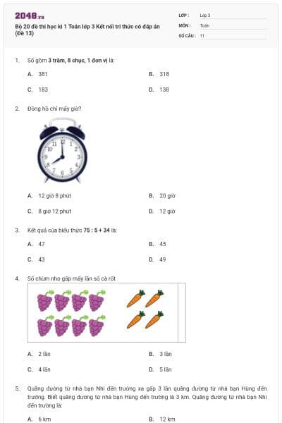 Bộ 20 đề thi học kì 1 Toán lớp 3 Kết nối tri thức có đáp án (Đề 13)