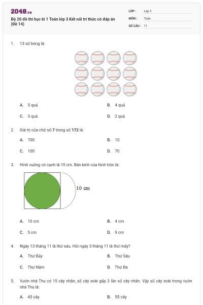 Bộ 20 đề thi học kì 1 Toán lớp 3 Kết nối tri thức có đáp án (Đề 14)