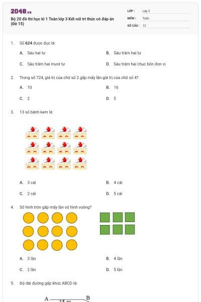 Bộ 20 đề thi học kì 1 Toán lớp 3 Kết nối tri thức có đáp án (Đề 15)