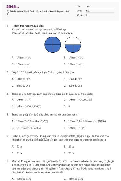 Bộ 20 đề thi cuối kì 2 Toán lớp 4 Cánh diều có đáp án - Đề 1