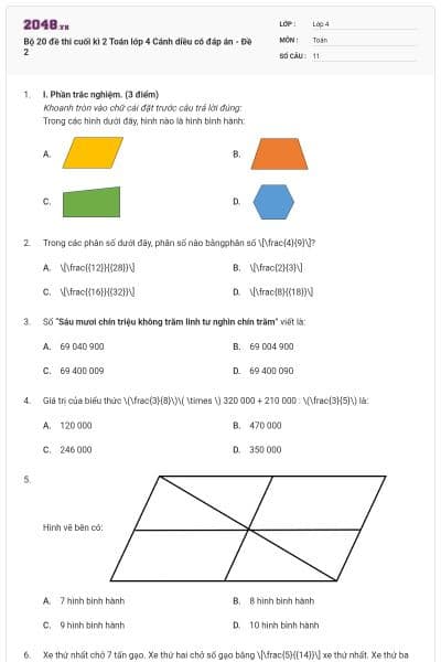 Bộ 20 đề thi cuối kì 2 Toán lớp 4 Cánh diều có đáp án - Đề 2